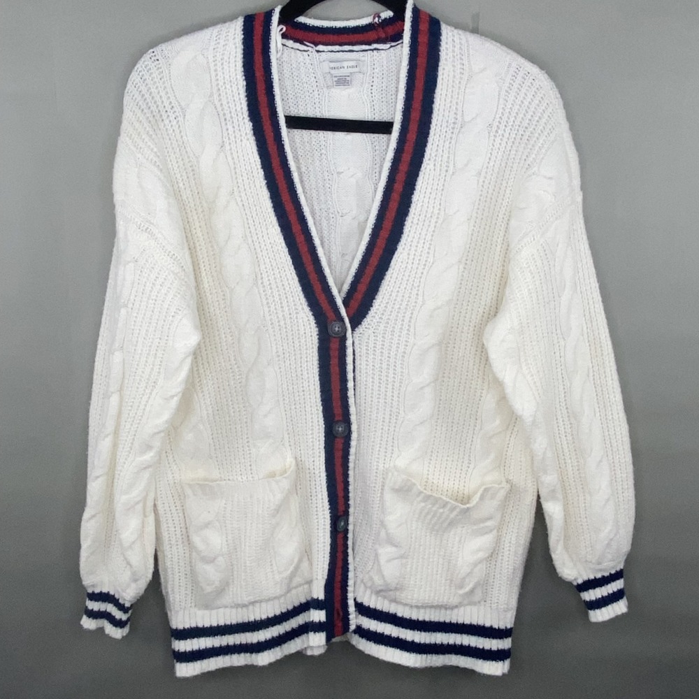 American Eagle Cardigan Women‎ XS White Striped Cable Knit Preppy Varsity School